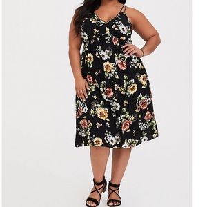 BLACK FLORAL MIXED PRINT MIDI DRESS